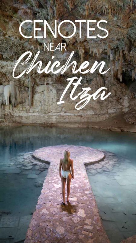 Pinterest pin for best Cenotes near Chichen Itza Mexico - Woman standing in Suytun Cenote