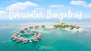 Aerial Drone photo of the heart shaped overwater bungalows in Jamaica - Featured Image with white text