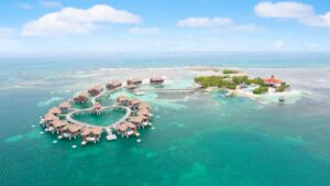Sandals Royal Caribbean overwater bungalows from a drone
