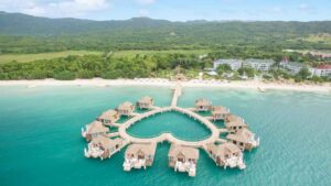 Drone photo of the heart-shaped overwater bungalows at sandals South coast Resort in Jamaica
