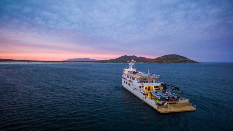 Offshore outpost ship at sunset in the Sea of Cortez in Mexico 