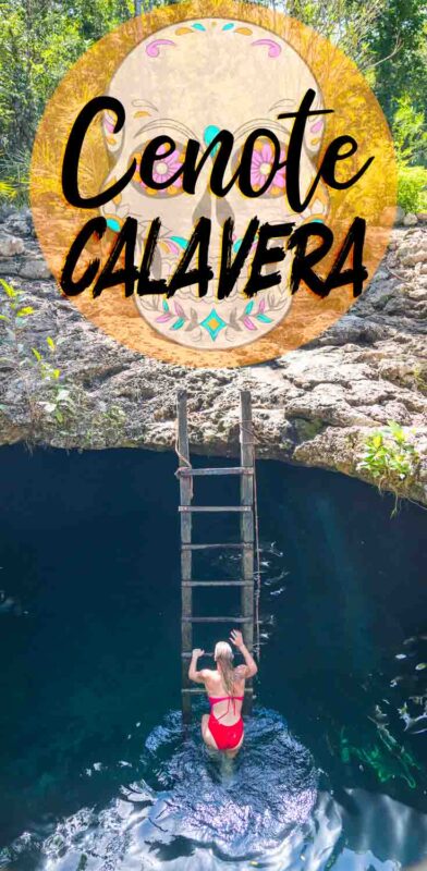 pinterest pin for Cenote Calavera near tulum - woman climbing the ladder at the cenote in Mexico