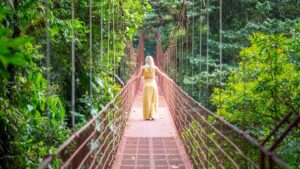 Woman standing on hanging bridge in monteverde reserve - Honeymoon Destinations in Costa Rica