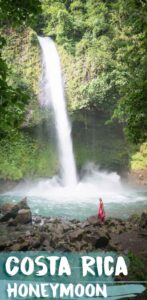 Pinterest Pin for Honeymoon in Costa Rica - Woman standing in front of La Fortuna Waterfall 