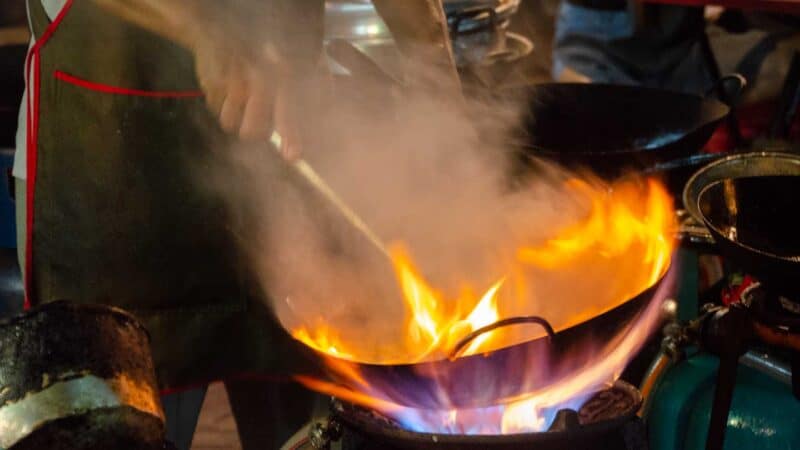 Pan of Thai street Food at night on a Food tour in Thailand