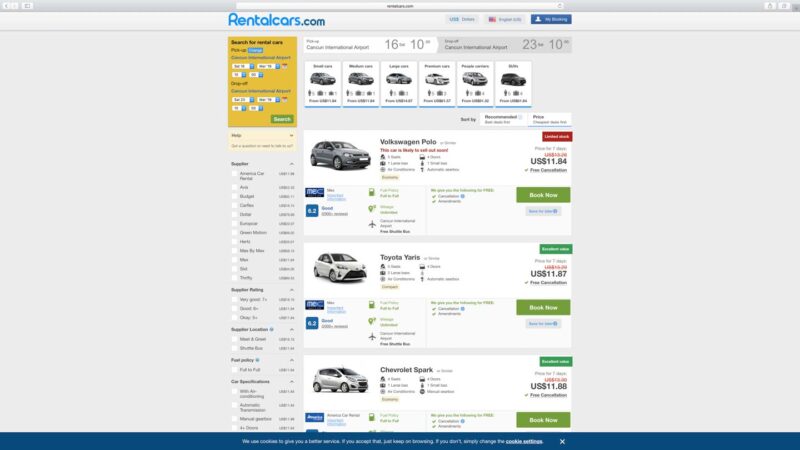 Rentalcars.com renting a car in Cancun prices
