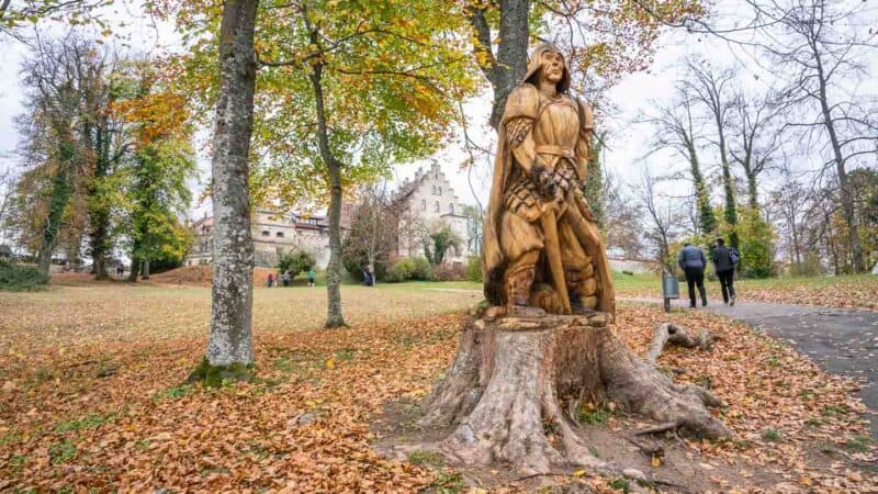 Wooden statue of a knight in front of Lichtenstein Castle in Germany