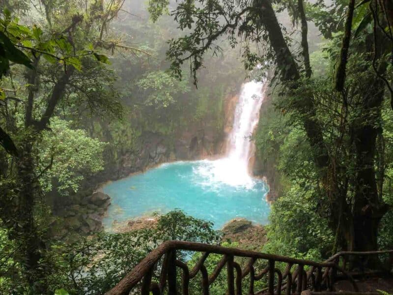 Rio Celeste waterfall gorgeous bright blue water in Costa Rica