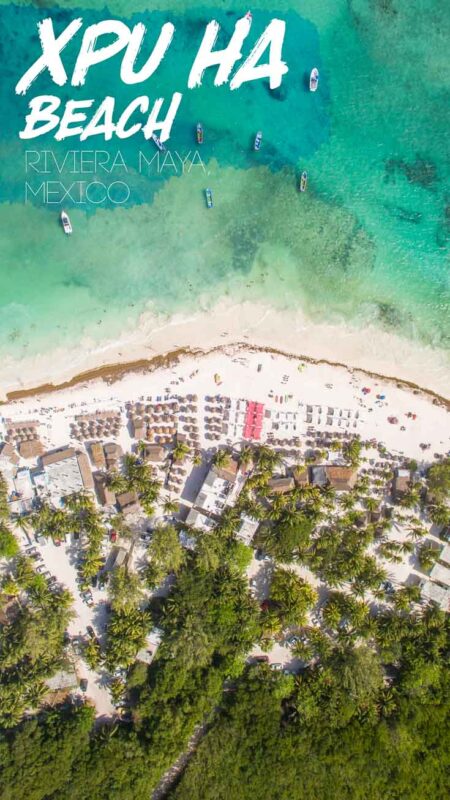 pinterest pin for Xpu Ha Beach Mexico - Aerial photo of the beach and beach club