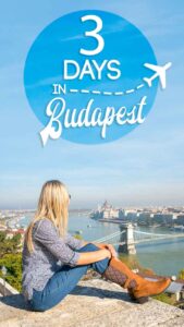 Pinterest pin - woman sitting on the edge of Buda castle looking at Budapest city skyline - 3 days in Budapest