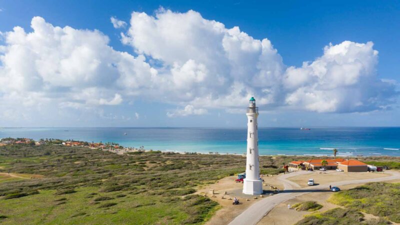 Aerial view of the tall white California Light House - Things to see in Aruba