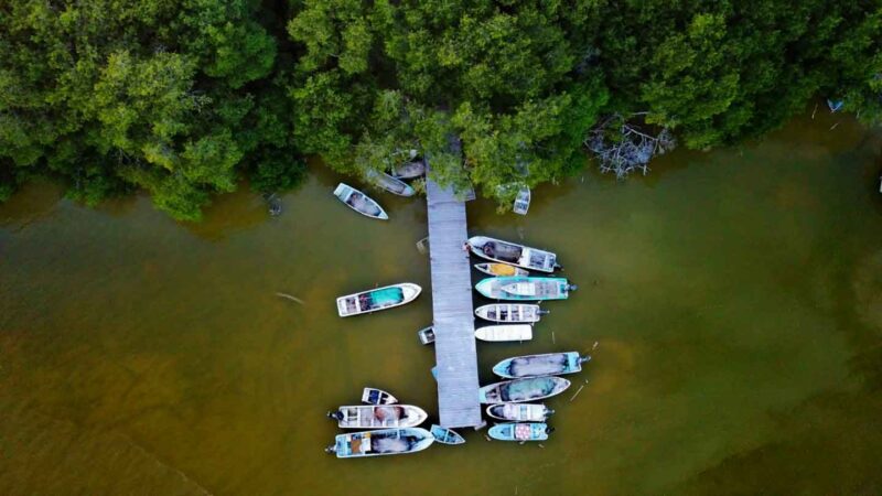 Drone photo of Celestun with boats in the water