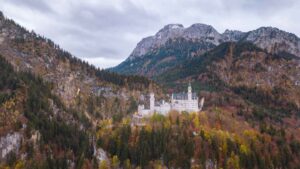 View of Neuschwanstein Castle close to the town of Fussen along the Romantic road