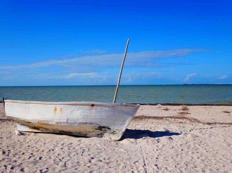 boat in the sand on Progresso Beach