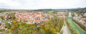 View from above Schongau village - orange roofed town on a hill in Germany on the Romantic Road itinerary