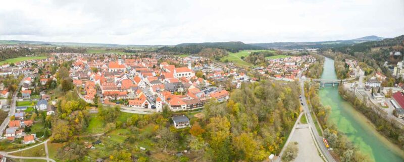 View from above Schongau village - orange roofed town on a hill in Germany on the Romantic Road itinerary