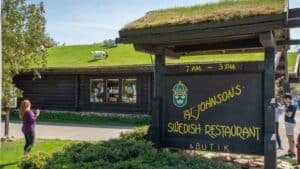 Goats eating grass on top of Al Johnsons restaurant - Best places to eat in Door County