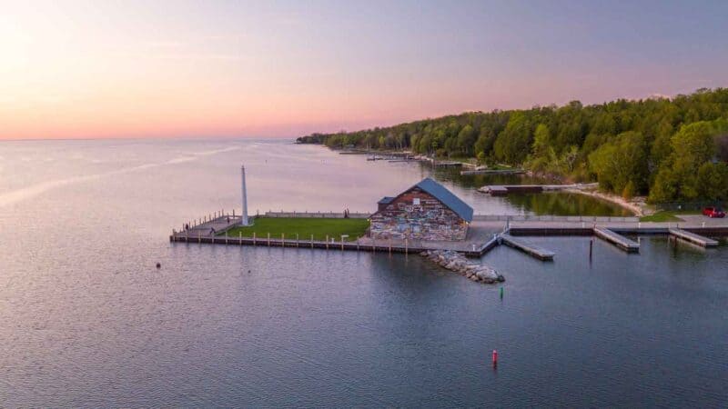 Yellow and Pink sunset over Anderson's dock in Door County Wisconsin - Must see things on a weekend in Door County