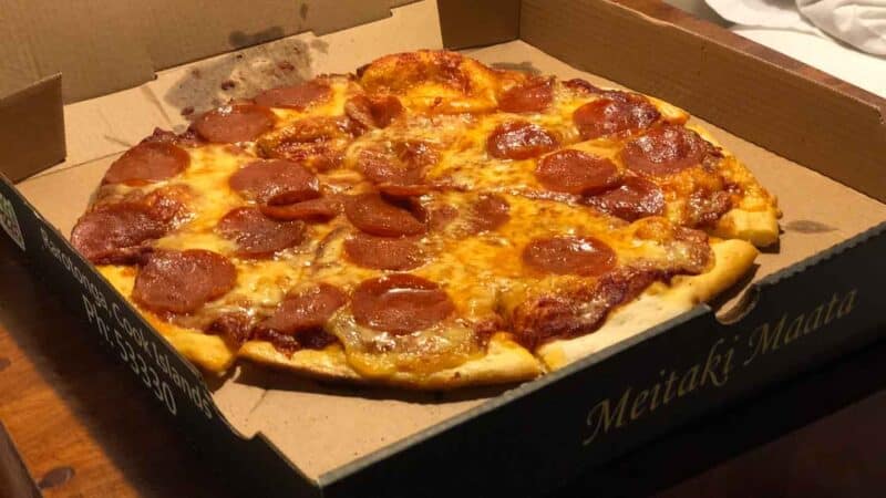 Pepporini Pizza in the box from Kai Pizza Place in Rarotonga