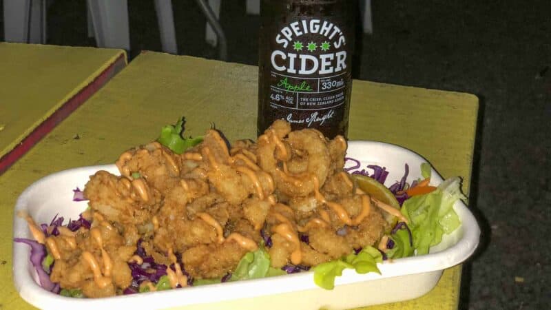 Fresh fried calamari & cider beer at the Muri Night Market in Rarotonga