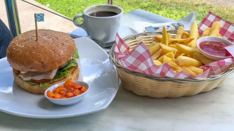 Fish burger, fries, and coffee at Saltwater Cafe 