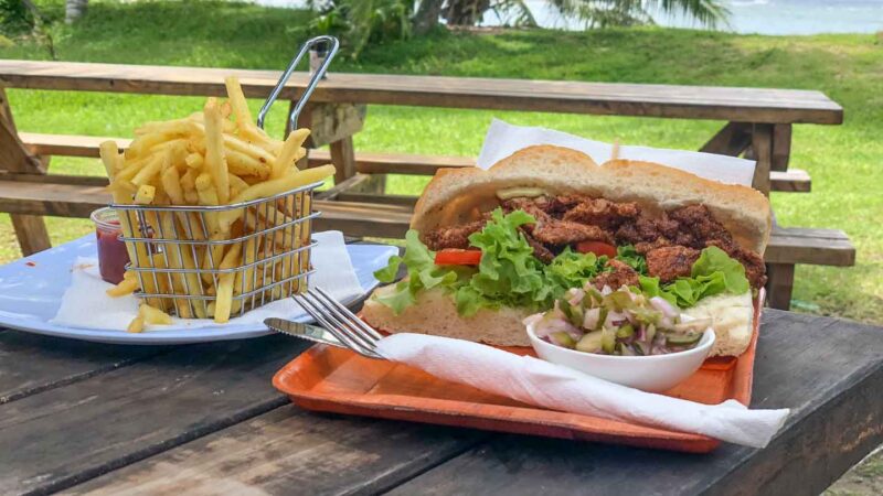 Fresh tuna sandwich & fries at Mooring Fish Cafe the best restaurant in Rarotonga