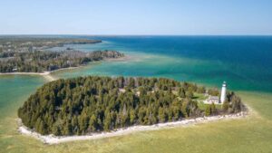Ariel view of the Cana island lighthouse in Door County Wisconsin
