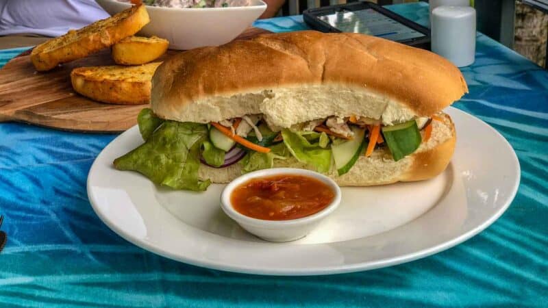 Chicken sandwich at Koru Cafe #1 restaurant in Aitutaki Cook Islands