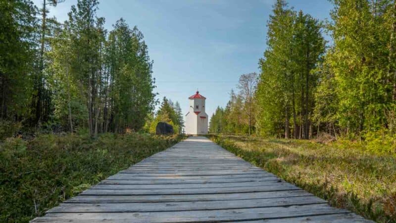 Wooden path at the Ridges Sanctuary with light house at the end - Things to do in door county on a weekend