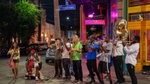Brass band playing on Frenchmen Street on the weekends in New Orleans