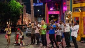 Brass band playing on Frenchmen Street on the weekends in New Orleans