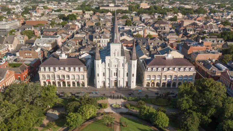 Aerial View of St Louis Cathedral in New Orleans - Most haunted church