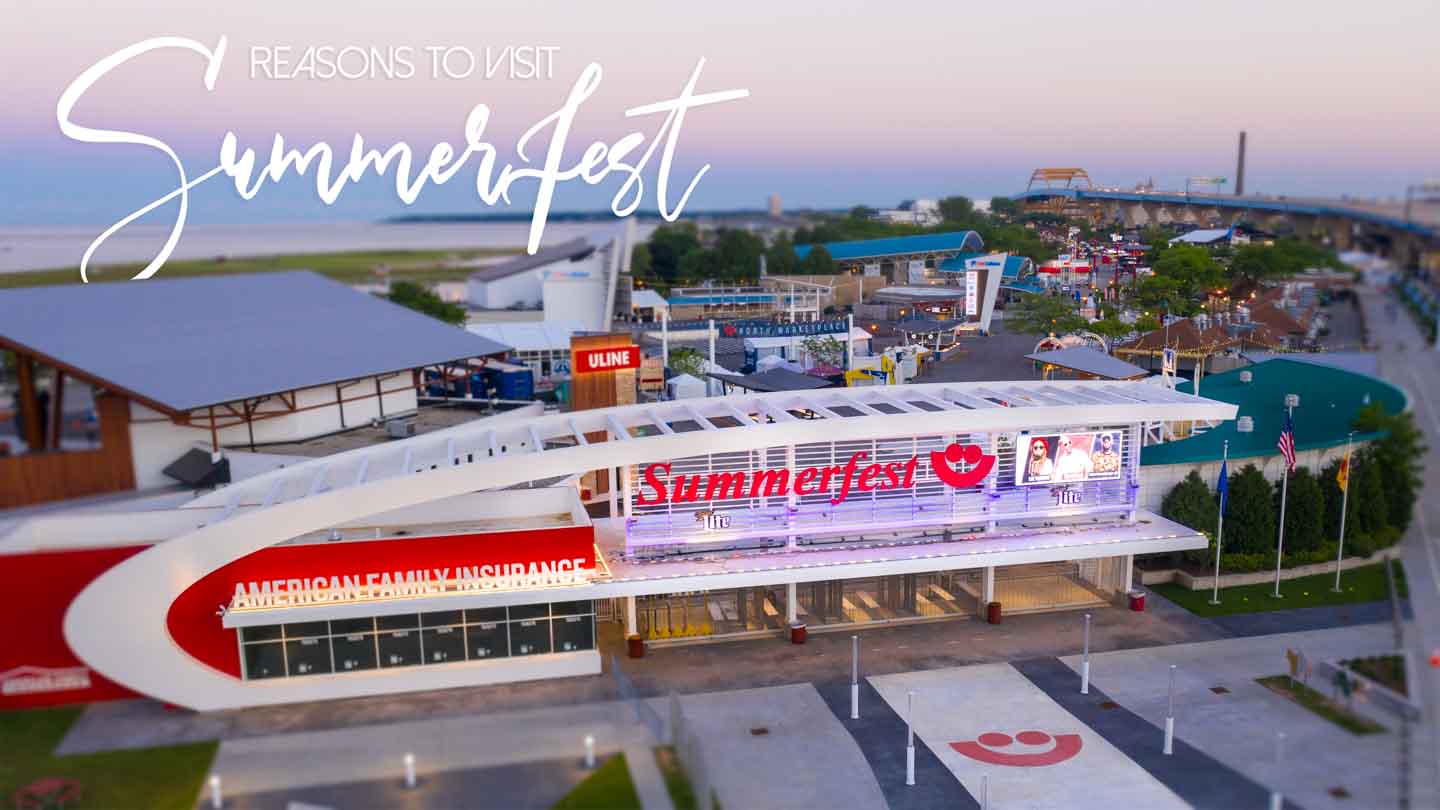 Drone photo of Summerst North Gate at sunset in Milwaukee Wisconsin - Summerfest Music festival Featured Image