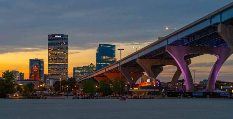 Milwaukee city skyline near parking for summerfest at night