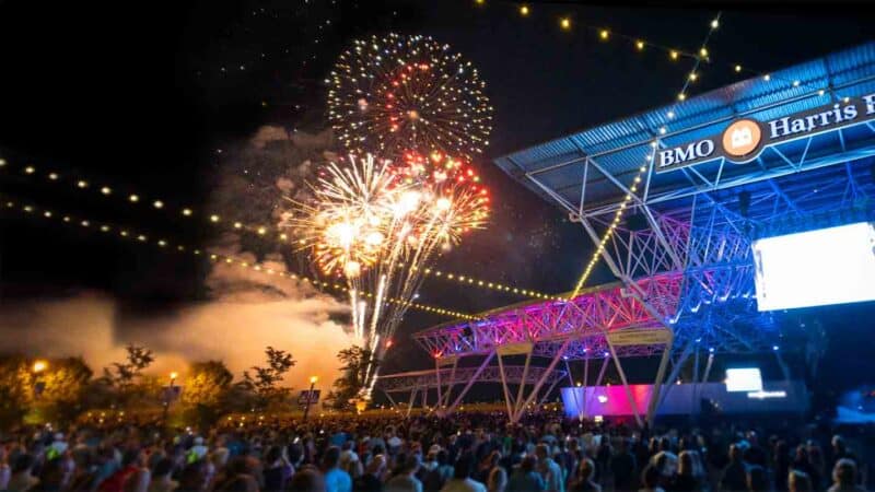 Fireworks in the night sky over the BMO Harris Stage at Summerfest Milwaukee