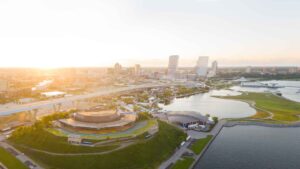 Drone photo of Milwaukee Summerfest Grounds - Sunset over lakefront music festival