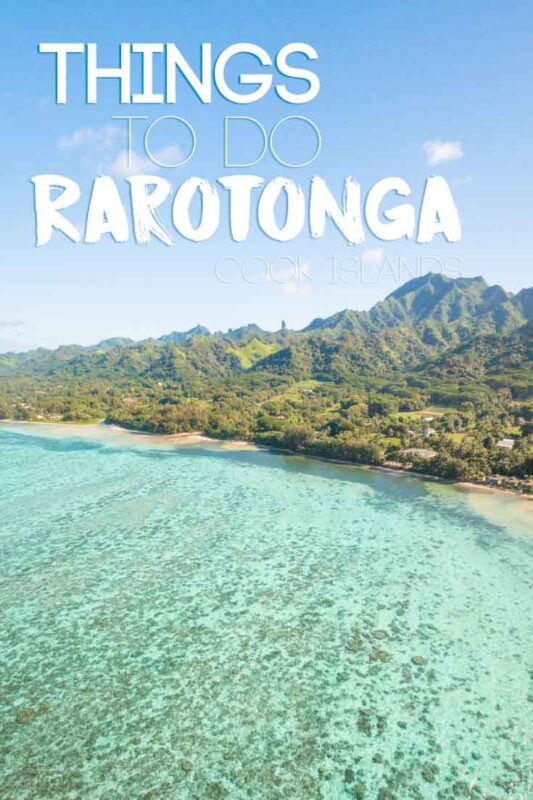 Pinterest pin of the sea and the lush island of Rarotonga in the background - Things to do in Rarotonga