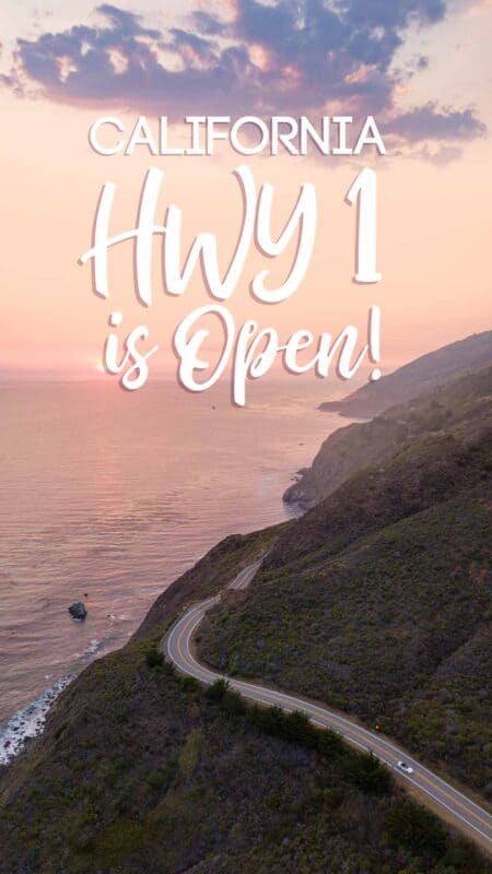 pinterest pin for HWY 1 road trip itinerary - Car driving Highway 1 at sunset