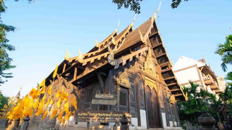 yellow flag deorate the Wat Phan Tao temple in Chiang Mai