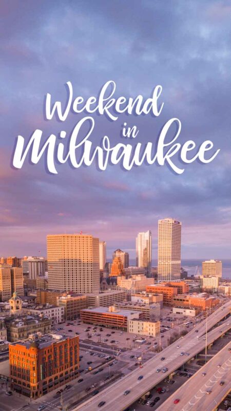 pinterest pin for weekend getaway in Milwaukee Wisconsin - City skyline at sunset