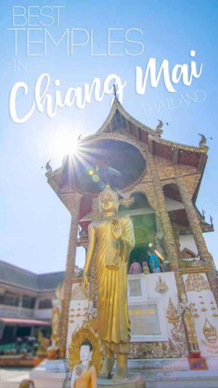 pinterest pin for Chiang Mai Temples - Starburst over a statue of Buddha at a temple in Chiang Mai