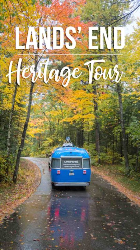 Blue Airstream driving through fall colors on a Wisconsin Road Trip - pin for Lands End Heritage Tour