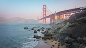 View from Marshall's beach at sunrise with golden gate bridge - Best San Francisco Itinerary