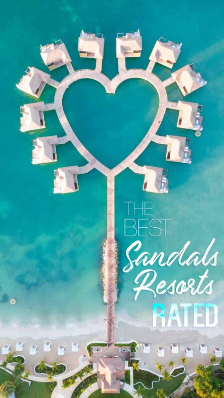 pinterest pin for Best Sandals Resorts - Sandals South Coast from abaove heart shaped overwater bungalows