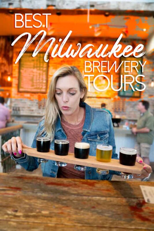 Pinterest pin for Best brewery tours in Milwaukee - Woman holding beer tasting flight