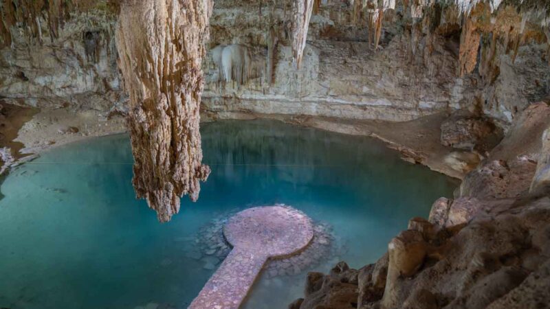 View from the entrance of Suytun Cenote with stalactites hsnging from the cave cenote ceiling