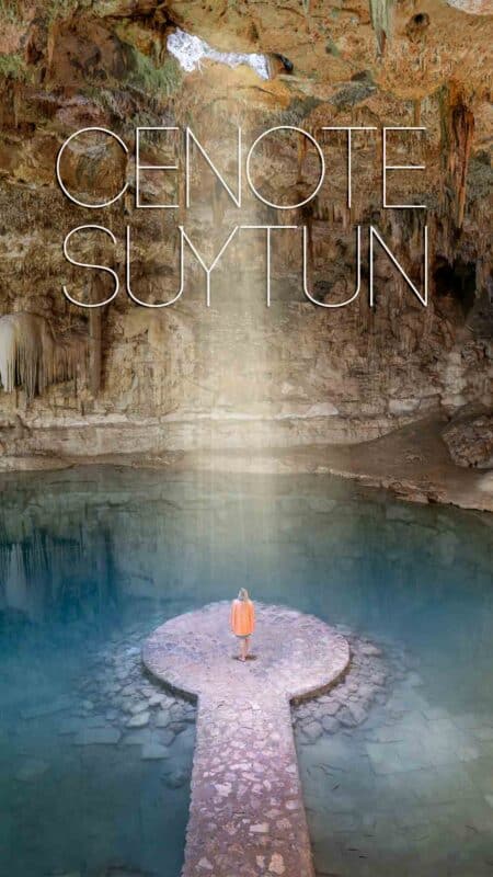 Pinterest pin for Cenote Suytun - woman standing inside the cenote with sunbeams 