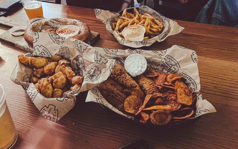 Lakefront Brewery Milwaukee Beer Hall restaurant with deep fried cheese curds, fries, and chicken tenders