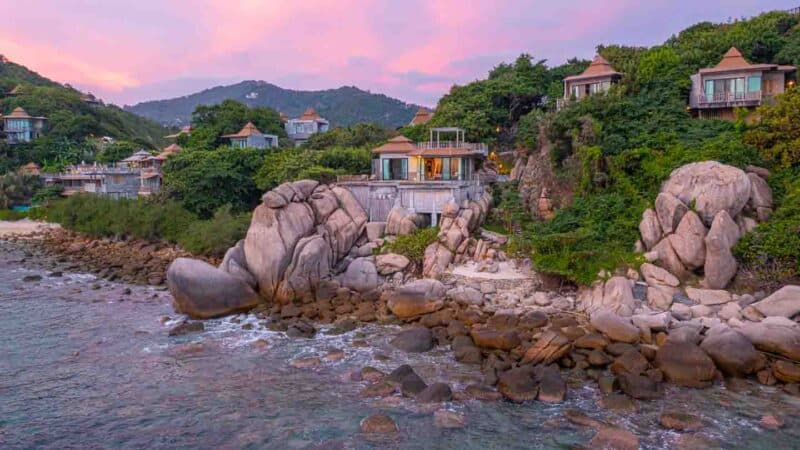 drone photo of Sai Daeng Resort in Koh Tao Thailand at sunset