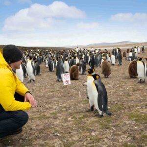 Man knelling near penguins at volunteer point in the Falkland islands